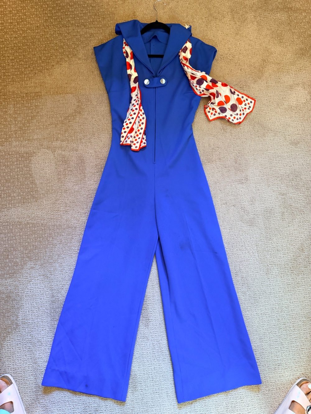 Vintage Bright Blue Women's Jumpsuit with Polka Dot Scarf Trim and Stars ⭐️